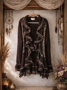 Vintage Y2K Ruffle Cardigan Size M Wool Blend Sweater Open Front Boho Brown 90s